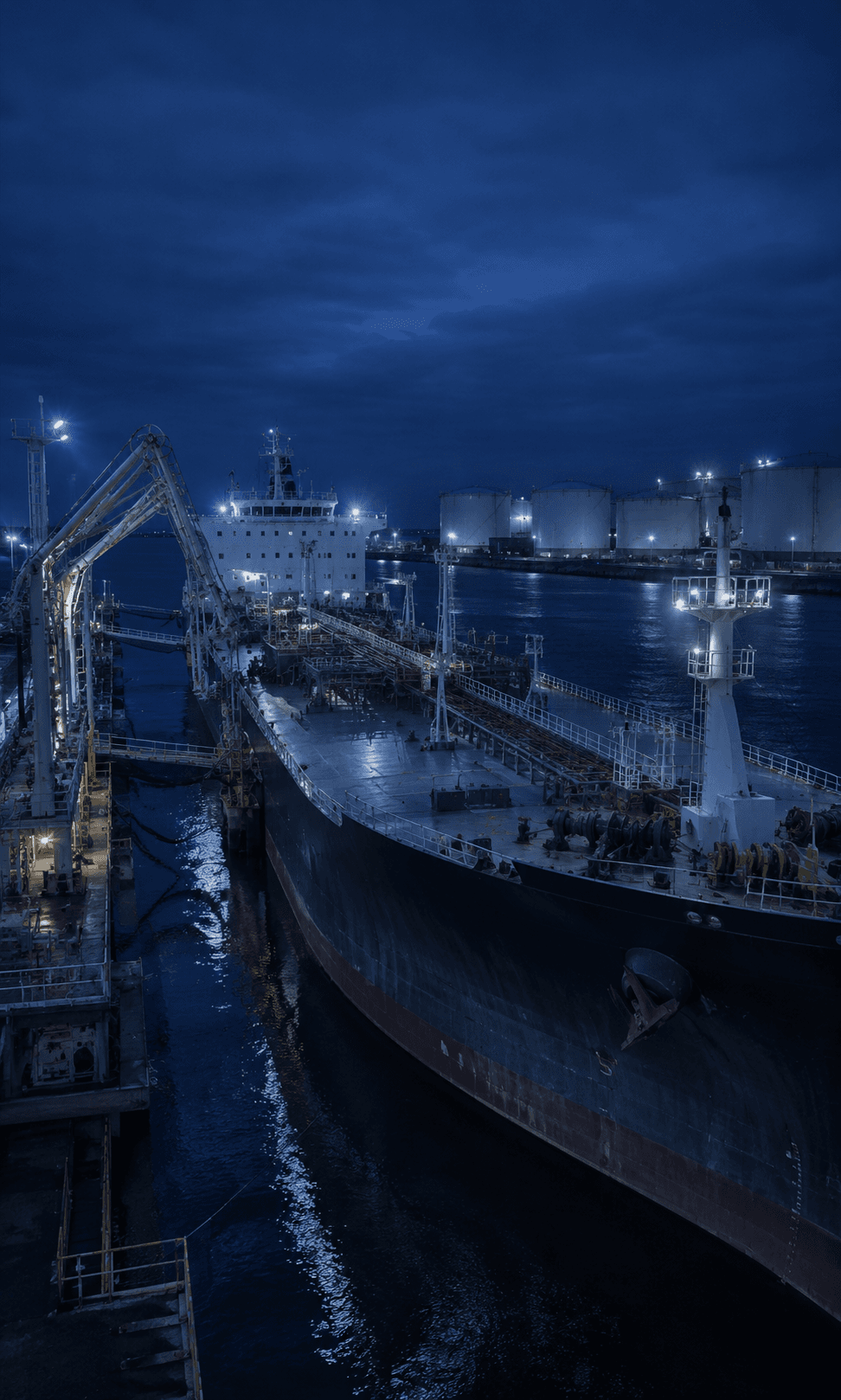 A product tanker berthed at an export terminal at blue hour, a shore loading arm connected to the deck manifold and storage tanks beyond.