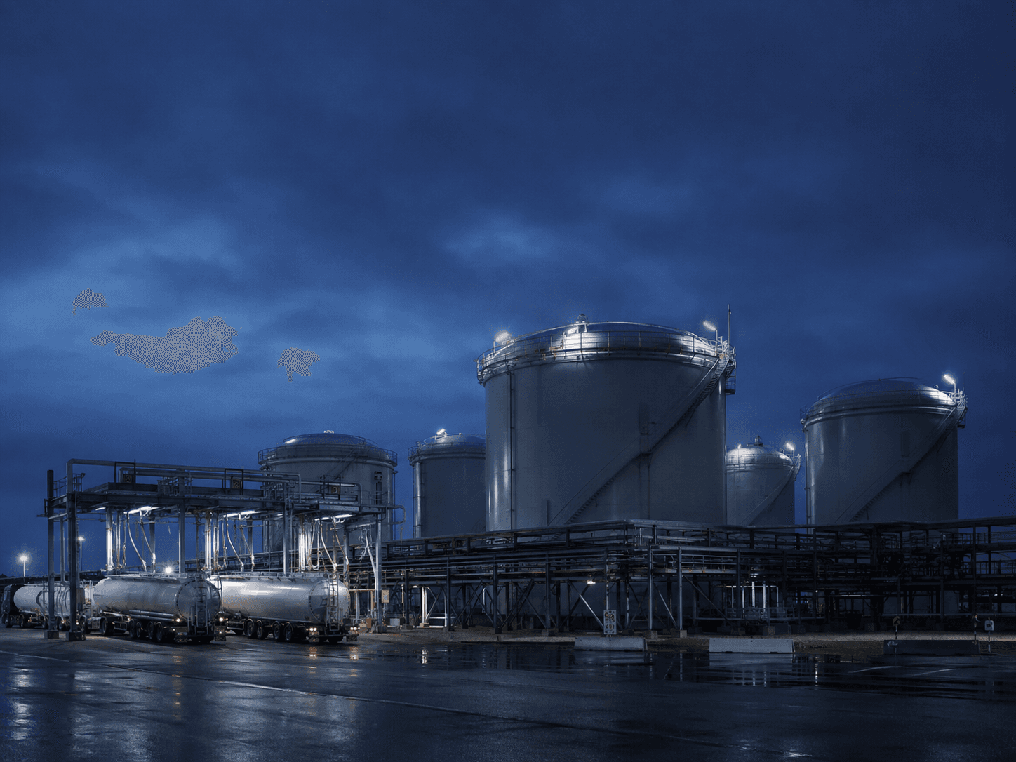 A refined-product storage terminal at blue hour: vertical storage tanks, an elevated pipe rack, and road tankers loading beneath a gantry.