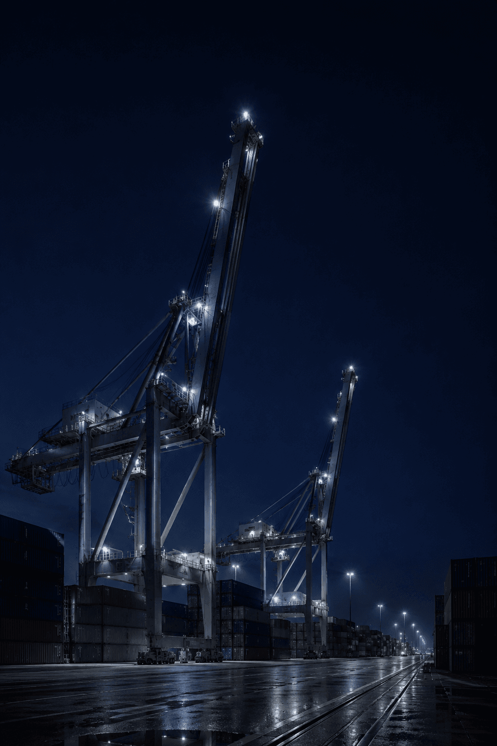 A container terminal at night: two ship-to-shore gantry cranes over stacked containers on a wet quay.